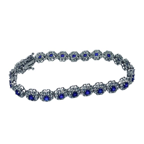 Tova Sterling Silver CZ And Blue Spinel Tennis Bracelet With Safety Latch (5924) - Picture 5 of 6